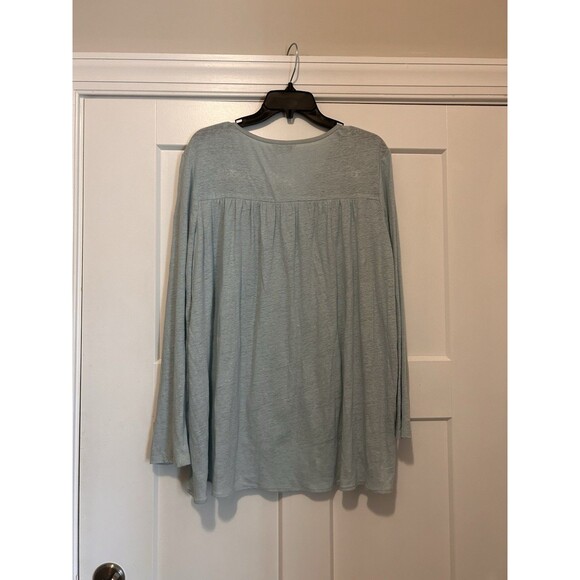 Nic & Zoe Long Sleeve Tunic Henley Light Blue Green Linen Classic Preppy Coastal - Picture 4 of 4